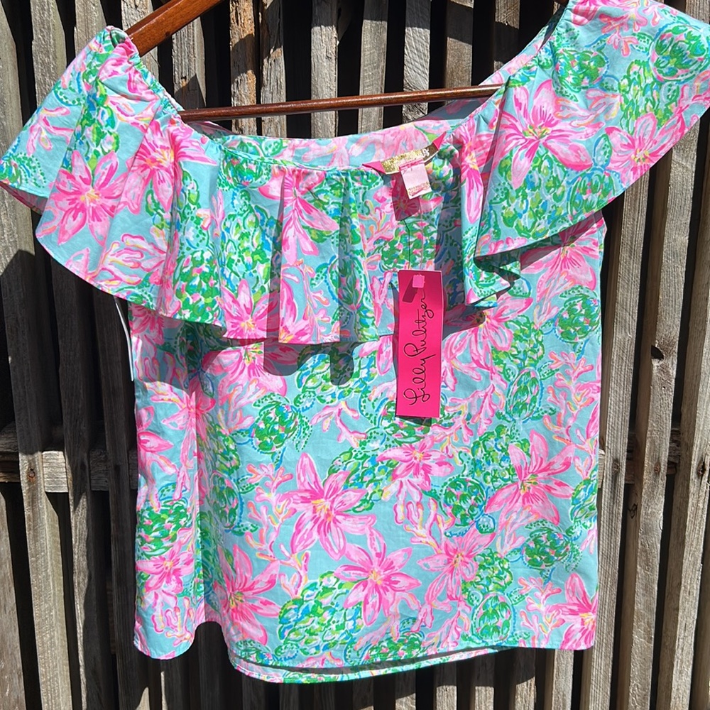 Lilly Pulitzer top one shoulder featuring floral summer multicolor soft cotton